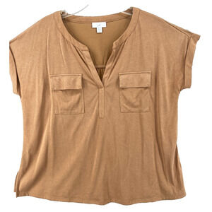 J Jill Shirt Womens Sz MP Petite Tan Gold Pockets Roll Sleeve Prairie Cottage‎